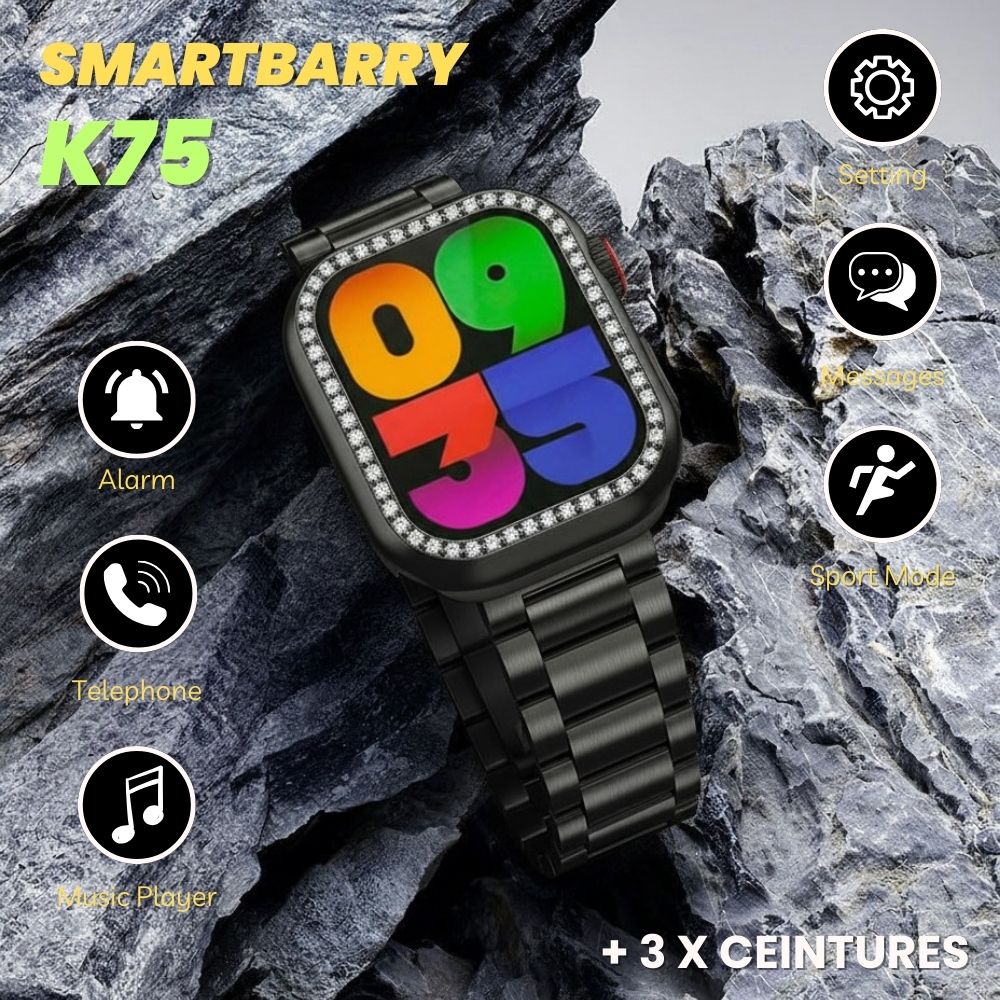 Smartbarry K75 – Montre Connectée 42mm + Étui Diamanté Amovible + 3 Bracelets