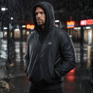 Veste Hybride à Capuche - Avant Coupe-Vent Imperméable, Dos en Molleton - Noir