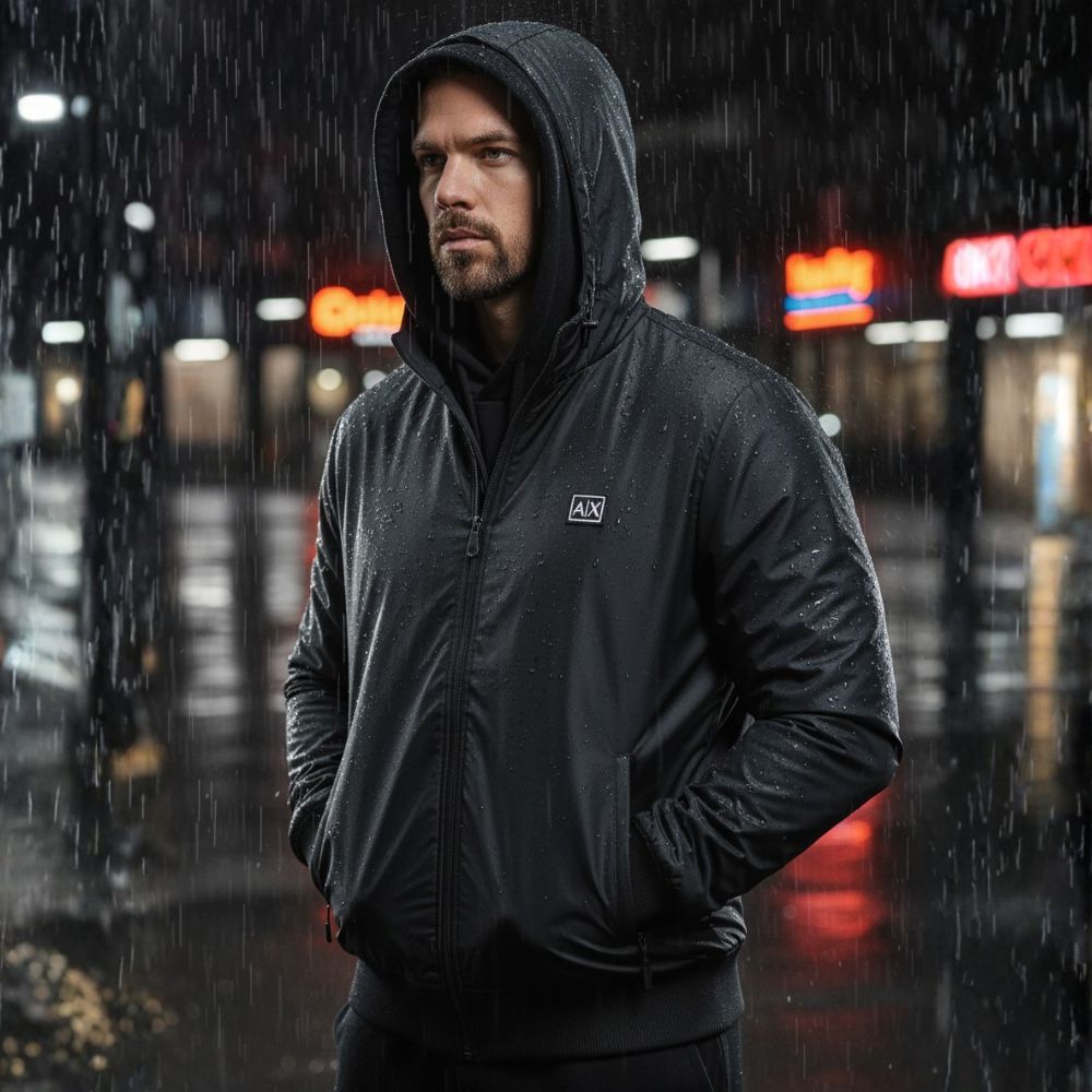 Veste Hybride à Capuche - Avant Coupe-Vent Imperméable, Dos en Molleton - Noir